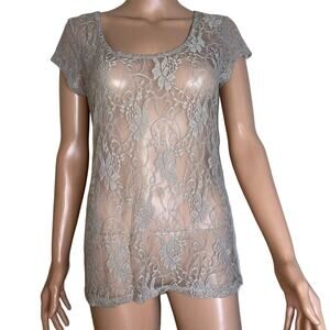 Derek Heart lace over shirt semi sheer dusty green short sleeve second skin SZ L